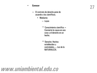 Conocer
          •
                                                       27
              – El contrato de derecho pone de
                acuerdo a los científicos.
                   • Mediante:
                        – Leyes

                        ** Conocimiento científico =
                          Convierte la causa en una
                          cosa y el derecho en un
                          hecho.

                        ** Derecho: Hechos
                          establecidos y
                          controlados..... Los de la
                          NATURALEZA.




www.uniambiental.edu.co
 