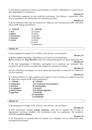 3. Ποιο βασικό αποδεικτικό στοιχείο της αθωότητάς του εκθέτει ο Μαντίθεος στο κείμενο και με 
ποια επιχειρήματα το τεκμηριώνει; 
Μονάδες 10 
4. Ο Μαντίθεος καταφεύγει σε έναν υποθετικό συλλογισμό: εἴπερ ἵππευσα... δοκιμάζεσθαι. Ποιο 
είναι το περιεχόμενο του συλλογισμού και τι επιδιώκει με αυτόν; 
Μονάδες 10 
5. α) Να συνδέσετε κάθε λέξη του κειμένου (Α΄ στήλη) με την αντώνυμή της στη Β΄ στήλη (δύο 
λέξεις της Β΄ στήλης περισσεύουν): 
Α΄ ΣΤΗΛΗ Β΄ ΣΤΗΛΗ 
1. πολύ α) ἐγγράφω 
2. ῥᾴδιον β) καλῶς 
3. δικαιότερον γ) χαλεπόν 
4. ἐξαλείφω δ) διαγράφω 
5. κακῶς ε) ὀλίγον 
στ) πλεῖον 
ζ) ἀδικώτερον 
ΘΕΜΑ 15Ο 
1. Να μεταφραστεί το τμήμα: ἔτι δέ͵ ὦ βουλή͵ εἴπερ ἵππευσα…καὶ μαρτύρησον. 
Μονάδες 10 
2. α) Ποια εικόνα παρουσιάζει ο Μαντίθεος για τον εαυτό του στο δικαστήριο; 
β) Ποια στοιχεία του Ὑπέρ Μαντιθέου λόγου του Λυσία προσδιορίζουν τον χρόνο απαγγελίας του; 
Μονάδες 10 
3. Με ποια επιχειρήματα ο Μαντίθεος υποστηρίζει ότι οι κατάλογοι των φυλάρχων ήταν 
εγκυρότεροι από τα σανίδια, στα οποία ήταν γραμμένα τα ονόματα των ιππέων; 
Μονάδες 10 
4. Γιατί ο Μαντίθεος υποστηρίζει ότι, και αν ακόμη είχε υπηρετήσει ως ιππέας επί των Τριάκοντα, 
δεν θα το αρνιόταν; 
Μονάδες 10 
5. 5. α) Να συνδέσετε τις λέξεις-εκφράσεις του κειμένου, στην Α΄ στήλη, με τη σημασία τους στη 
Β΄ στήλη (δύο στοιχεία στη Β΄ στήλη περισσεύουν). 
Α΄ ΣΤΗΛΗ Β΄ ΣΤΗΛΗ 
1. ἀποφέρομαι α) οι κατάλογοι (των φυλάρχων) 
2. σύνδικος β) κακοποιούμαι 
3. τὰ γράμματα γ) αναζητώ 
4. κακῶς πάσχω δ) συνήγορος δημοσίου 
5. ζημιοῦμαι ε) δικαστής 
στ) τιμωρούμαι 
ζ) αναφέρομαι 
ΘΕΜΑ 16Ο 
1. Να μεταφραστεί το τμήμα: ἔτι δέ͵ ὦ βουλή͵ εἴπερ ἵππευσα…καὶ μαρτύρησον. 
Μονάδες 10 
2. Πού ανιχνεύονται στοιχεία φυσικής ρητορείας εκτός από τα ομηρικά έπη και πώς το 
δημοκρατικό πολίτευμα συνέβαλε στην αξιοποίηση αυτού του χαρίσματος. Να αναφέρετε 
σπουδαίους φυσικούς ρήτορες. 
Μονάδες 10 
3. Να περιγράψετε τα ρητορικά ήθη (του ρήτορα, των κατηγόρων και των βουλευτών) όπως 
διαγράφονται στο κείμενο. 
 