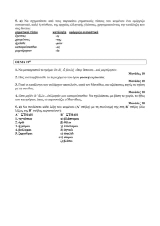 5. α) Να σχηματίσετε από τους παρακάτω ρηματικούς τύπους του κειμένου ένα ομόρριζο 
ουσιαστικό, απλό ή σύνθετο, της αρχαίας ελληνικής γλώσσας, χρησιμοποιώντας την κατάληξη που 
σας δίνεται: 
ρηματικοί τύποι κατάληξη ομόρριζα ουσιαστικά 
ἔχοντας -ις 
χρωμένους -της 
ἡγεῖσθε -μών 
καταψεύσασθαι -ος 
μαρτύρησον -ία 
ΘΕΜΑ 19Ο 
1. Να μεταφραστεί το τμήμα: ἔτι δέ͵ ὦ βουλή͵ εἴπερ ἵππευσα…καὶ μαρτύρησον. 
Μονάδες 10 
2. Πώς αντιλαμβάνεσθε το περιεχόμενο του όρου φυσική ευγλωττία; 
Μονάδες 10 
3. Γιατί οι κατάλογοι των φυλάρχων αποτελούν, κατά τον Μαντίθεο, πιο αξιόπιστες πηγές σε σχέση 
με τα σανίδια; 
Μονάδες 10 
4. ὥστε μηδὲν δι’ ἄλλο…ἐτόλμησάν μου καταψεύσασθαι: Να σχολιάσετε, με βάση το χωρίο, το ήθος 
των κατηγόρων, όπως το παρουσιάζει ο Μαντίθεος. 
Μονάδες 10 
5. α) Να συνδέσετε κάθε λέξη του κειμένου (Α΄ στήλη) με τη συνώνυμή της στη Β΄ στήλη (δύο 
λέξεις της Β΄ στήλης περισσεύουν): 
Α΄ ΣΤΗΛΗ Β΄ ΣΤΗΛΗ 
1. γιγνώσκω α) βλάπτομαι 
2. ὁρῶ β) θέλω 
3. ἡγοῦμαι γ) ἐπίσταμαι 
4. βούλομαι δ) ἀγνοῶ 
5. ζημιοῦμαι ε) ὠφελῶ 
στ) οἴομαι 
ζ) βλέπω 
