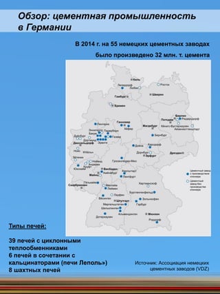 Киль
Росток
Шверин
Любек
Легердорф
Гамбург
Бремен
Рюдерсдорф
Берлин
Потсдам
Кёнигс-Вустерхаузен
Айзенхюттенштадт
Магдебург
Бернбург
Ганновер
Хёфер
Ленгерих
Карсдорф
Амёнебург
Дорнбург
Гезеке
ПадерборнЭннигерло
Эрвите
Бакум
Дуйсбург
Дортмунд
Дюссельдорф
Нойс Кёльн
Зётених
Дойна
Эрфурт
Дрезден
Гросенлюдер-МюсНойвид
Андерах
Круфт
Юксхайм Висбаден
Ленгфурт
Майнц
Карлштадт
Мангейм
Леймен
Хартмансхоф
Бургленгенфельд
Вёсинген
Лауфен
Гёльхайм
Саарбрюккен
Цементный завод
с производством
клинкера
Цементный
завод без
производства
клинкера
Штутгарт
Зольнхофен
ГарбургМергельштетен
Шельклинген
Альмендинген
Дотерхаузен
Мюнхен
Рордорф
В 2014 г. на 55 немецких цементных заводах
было произведено 32 млн. т. цемента
Типы печей:
39 печей с циклонными
теплообменниками
6 печей в сочетании с
кальцинаторами (печи Леполь»)
8 шахтных печей
Обзор: цементная промышленность
в Германии
Источник: Ассоциация немецких
цементных заводов (VDZ)
 