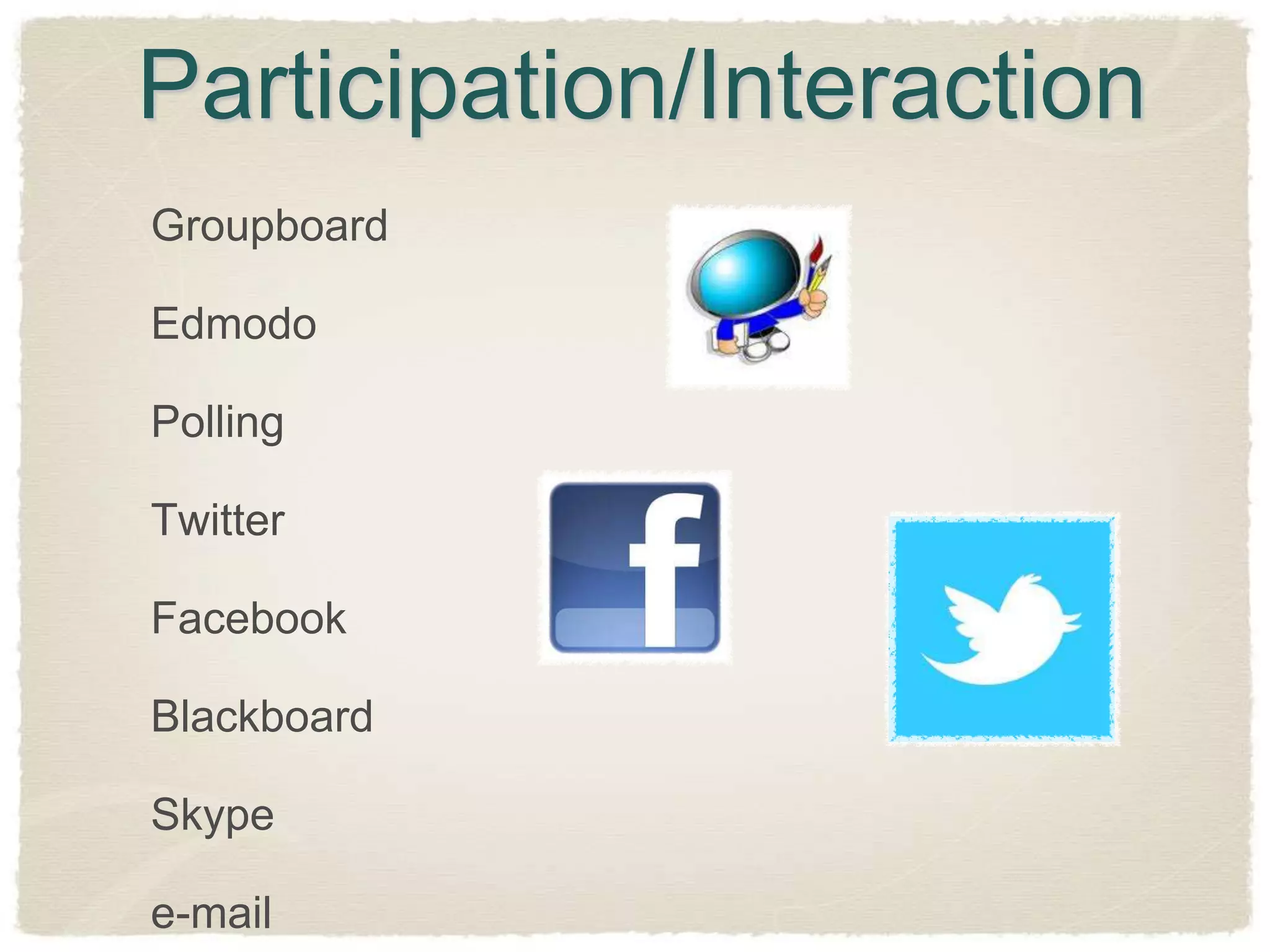 Participation/Interaction
Groupboard

Edmodo

Polling

Twitter

Facebook

Blackboard

Skype

e-mail
 