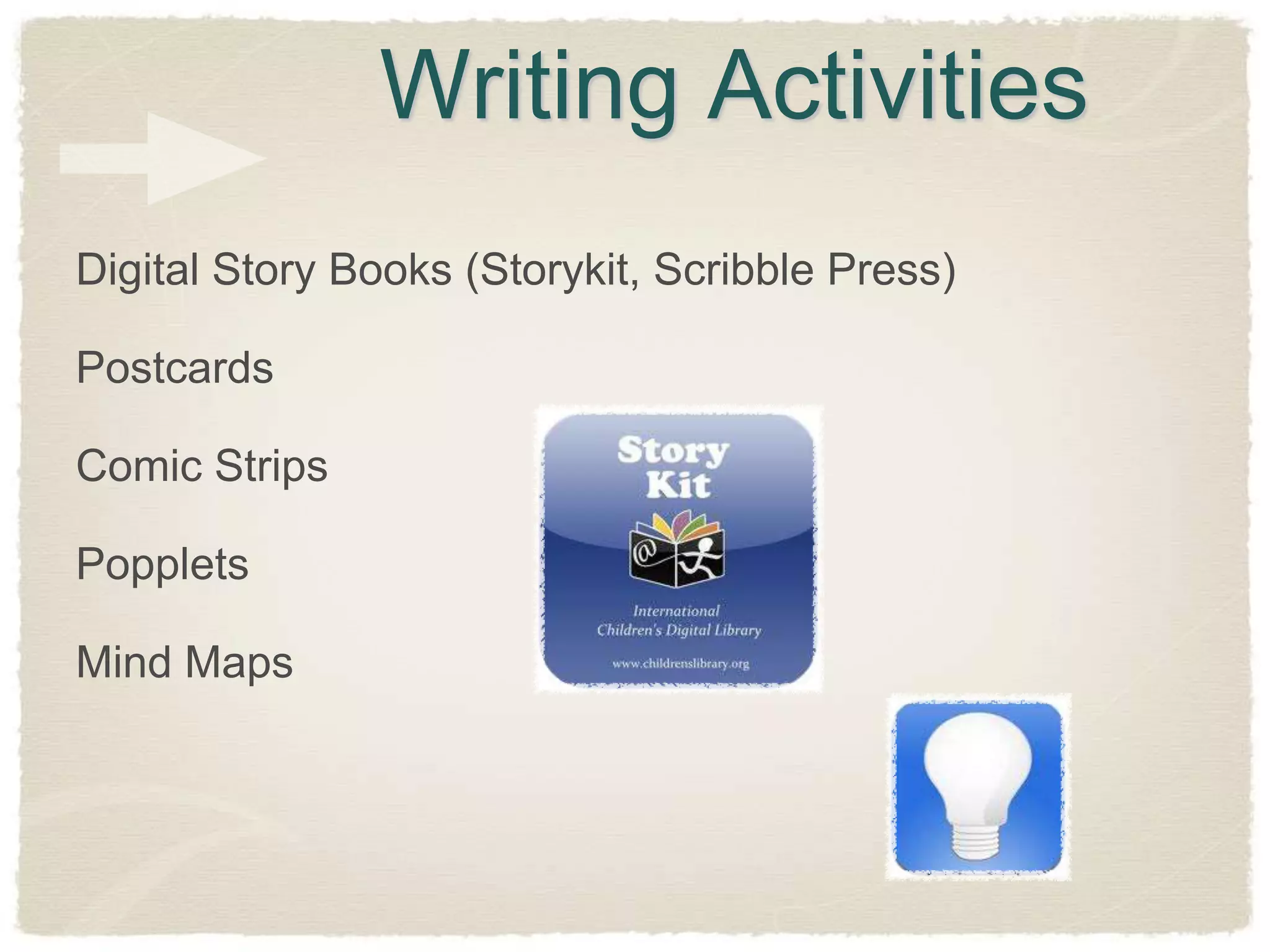 Writing Activities
Digital Story Books (Storykit, Scribble Press)

Postcards

Comic Strips

Popplets

Mind Maps
 
