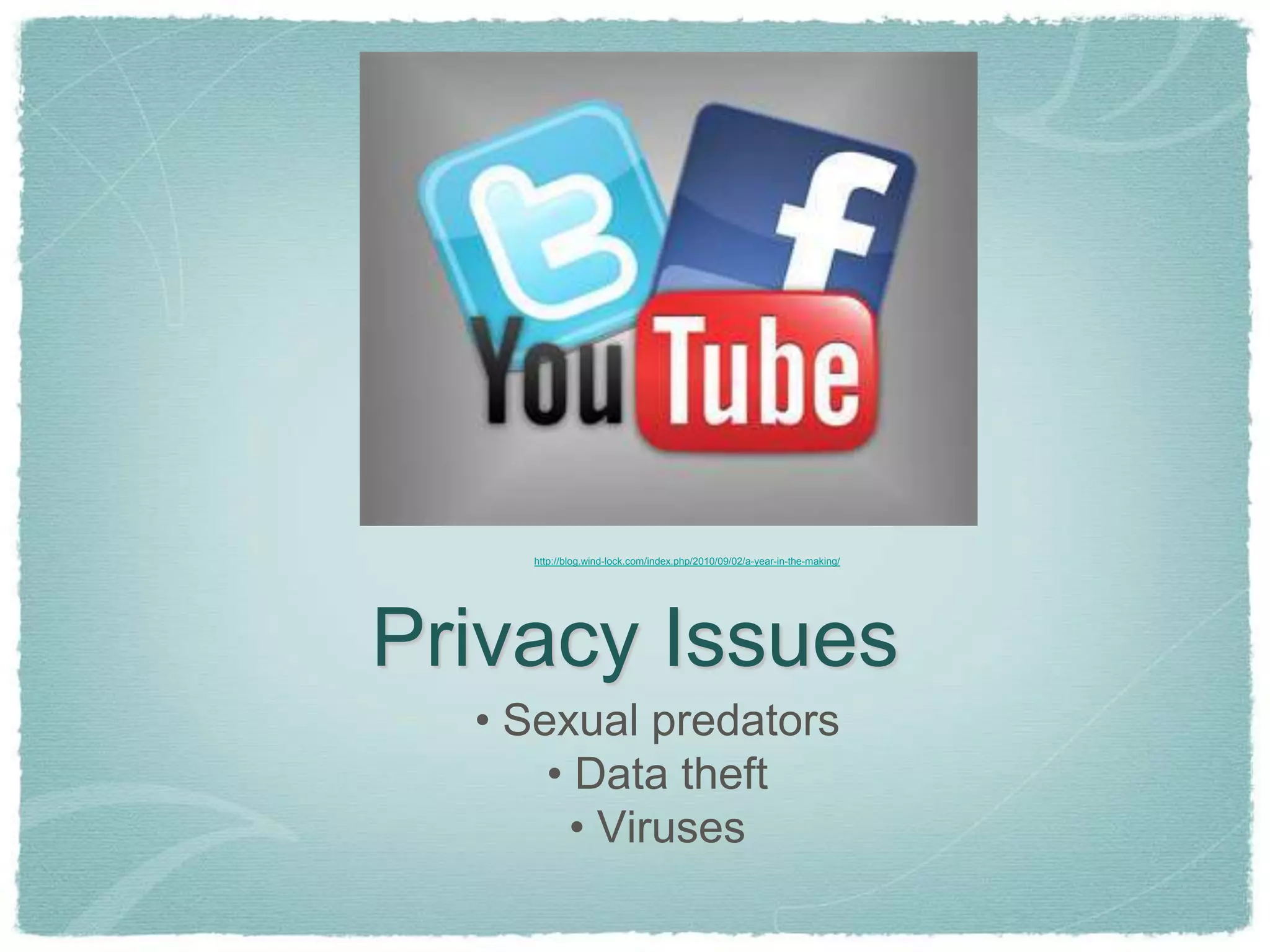 http://blog.wind-lock.com/index.php/2010/09/02/a-year-in-the-making/




Privacy Issues
  • Sexual predators
      • Data theft
        • Viruses
 