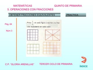 MATEMÁTICAS C.P. “GLORIA ARENILLAS”   TERCER CICLO DE PRIMARIA   QUINTO DE PRIMARIA 5. OPERACIONES CON FRACCIONES OBTENER FRACCIONES EQUIVALENTES PRACTICA Pág. 64 Núm 3 ÍNDICE 