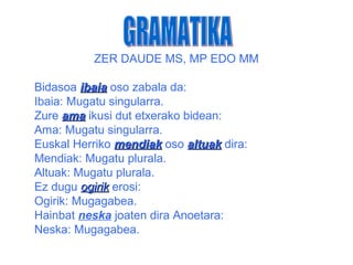 ZER DAUDE MS, MP EDO MM

Bidasoa ibaia oso zabala da:
Ibaia: Mugatu singularra.
Zure ama ikusi dut etxerako bidean:
Ama: Mugatu singularra.
Euskal Herriko mendiak oso altuak dira:
Mendiak: Mugatu plurala.
Altuak: Mugatu plurala.
Ez dugu ogirik erosi:
Ogirik: Mugagabea.
Hainbat neska joaten dira Anoetara:
Neska: Mugagabea.
 