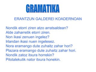 ERANTZUN GALDEREI KOADERNOAN

Nondik etorri ziren atzo arratsaldean?
Alde zaharretik etorri ziren.
Non ikasi zenuen ingelez?
Irlandan ikasi nuen ingelesez.
Nora eramango dute zuhaitz zahar hori?
Plazara eramango dute zuhaitz zahar hori.
Nondik zatoz itxura horrekin?
Pilotalekutik nator itxura honekin.
 
