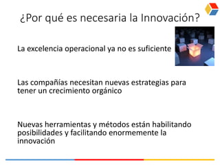 ¿Por qué es necesaria la Innovación?
La excelencia operacional ya no es suficiente
Las compañías necesitan nuevas estrategias para
tener un crecimiento orgánico
Nuevas herramientas y métodos están habilitando
posibilidades y facilitando enormemente la
innovación
 