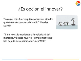 ¿Es opción el innovar?
“No es el más fuerte quien sobrevive, sino los
que mejor responden al cambio” Charles
Darwin
“Si no te estás moviendo a la velocidad del
mercado, ya estás muerto – simplemente no
has dejado de respirar aún” Jack Welch
 