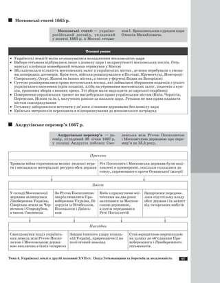 97
Московські статті 1665 р.
Московські статті — україно-
російський договір, укладений
у жовтні 1665 р. в Москві гетьма­
ном І. Брюховецьким з урядом царя
Олексія Михайловича�.
Основні умови
·	 Українські землі й міста оголошувалися володіннями московського царя
·	 Вибори гетьмана відбувалися лише з дозволу царя і за присутності московських послів. Геть­
манські клейноди новообраний гетьман отримував у Москві
·	 Збільшувалася кількість московських залог в українських містах, де вони перебували з умова­
ми попередніх договорів. Крім того, війська розміщувалися в Полтаві, Кременчуці, Новгороді-
Сіверському, Острі, Каневі та інших містах, а також у фортеці Кодак на Запоріжжі
·	 Суттєво розширювалися права московських воєвод, які займалися збиранням податків з усього
українського населення (крім козаків), хліба на утримання московських залог, податків з куп­
ців, грошових зборів з винних оренд. Усі збори мали надходити до царської скарбниці
·	 Повернення королівських грамот на магдебурзьке право українським містам (Київ, Чернігів,
Переяслав, Ніжин та ін.), вилучених раніше за наказом царя. Гетьман не мав права надавати
містам самоврядування
·	 Гетьману заборонялося вступати у зв’язки з іншими державами без дозволу царя
·	 Київська митрополія переходила в підпорядкування до московського патріарха
Андрусівське перемир’я 1667 р.
Андрусівське перемир’я  — до­
говір, укладений 30  січня 1667 р.
у селищі Андрусів поблизу Смо­
ленська між Річчю Посполитою
і Московською державою про пере­
мир’я на 13,5 року.
Причини
Тривала війна спричинила великі людські втра­
ти і виснажила матеріальні ресурси обох держав
Річ Посполита і Московська держава були заці­
кавлені в примиренні, оскільки схилялися до
союзу, спрямованого проти Османської імперії
	 	
Зміст
У складі Московської
держави залишалася
Лівобережна Україна,
Сіверська земля за Чер­
ніговом і Стародубом,
а також Смоленськ
За Річчю Посполитою
закріплювалися Пра­
вобережна Україна, Бі­
лорусія із Вітебськом,
Полоцьком і Двінсь­
ком
Київ з прилеглими міс­
течками на два роки
залишався за Москов­
ською державою,
а потім передавався
Речі Посполитій
Запоріжжя передава­
лося під спільну владу
обох держав і їх захист
від татарських набігів
	 	 	 	
Наслідки
Санкціонував поділ українсь­
ких земель між Річчю Поспо­
литою і Московською держа­
вою виключно в їхніх інтересах
Завдав тяжкого удару козаць­
кій Україні, прирекаючи її на
політичний занепад
Став юридичною перешкодою
на шляху до об’єднання Пра­
вобережного і Лівобережного
гетьманатів
Тема 4. Українські землі в другій половині ХVII ст. Поділ Гетьманщини та боротьба за незалежність
 
