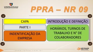 CAPA
INDENTIFICAÇÃO DA
EMPRESA
PARTE I
INTRODUÇÃO E DEFINIÇÃO
HORÁRIOS, TURNOS DE
TRABALHO E N° DE
COLABORADORES
1
2
3
4
 
