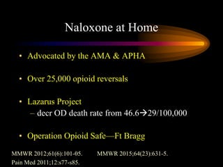 Naloxone at Home
• Advocated by the AMA & APHA
• Over 25,000 opioid reversals
• Lazarus Project
– decr OD death rate from 46.629/100,000
• Operation Opioid Safe—Ft Bragg
MMWR 2012;61(6):101-05.
Pain Med 2011;12:s77-s85.
MMWR 2015;64(23):631-5.
 