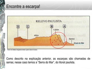 Encontre a escarpa!
Fonte: livro didático Geografia do Brasil: quadro natural e humano.
Como descrito na explicação anterior, as escarpas são chamadas de
serras; nesse caso temos a “Serra do Mar”, do litoral paulista.
 