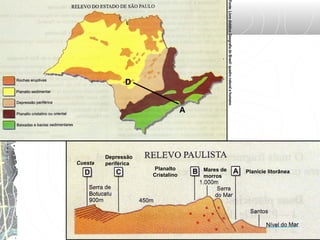 Planície litorâneaMares de
morros
Depressão
periféricaCuesta
A
D
Planalto
Cristalino
Fonte:LivrodidáticoGeografiadoBrasil:quadronaturalehumano.
 