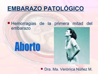 EMBARAZO PATOLÓGICO

   Hemorragias de la primera mitad del
    embarazo




                   Dra. Ma. Verónica Núñez M.
 