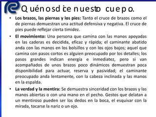 Q uénosd ice nuestro cuerp o…
• Los brazos, las piernas y los pies: Tanto el cruce de brazos como el
de piernas demuestran una actitud defensiva y negativa. El cruce de
pies puede reflejar cierta timidez.
• El movimiento: Una persona que camina con las manos apoyadas
en las caderas es decidida, eficaz y rápida; el caminante abatido
anda con las manos en los bolsillos y con los ojos bajos; aquel que
camina con pasos cortos es alguien preocupado por los detalles; los
pasos grandes indican energía e inmediatez, pero si van
acompañados de unos brazos poco dinámicos demuestran poca
disponibilidad para actuar, reserva y pasividad; el caminante
preocupado anda lentamente, con la cabeza inclinada y las manos
en la espalda.
• La verdad y la mentira: Se demuestra sinceridad con los brazos y las
manos abiertas o con una mano en el pecho. Gestos que delatan a
un mentiroso pueden ser los dedos en la boca, el esquivar con la
mirada, tocarse la nariz o un ojo.
 