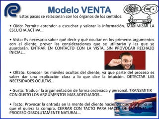 Modelo VENTA
Estos pasos se relacionan con los órganos de los sentidos:
• Oído: Permite aprender a escuchar y valorar la información. MAXIMIZAR LA
ESCUCHA ACTIVA…
• Vista: Es necesario saber qué decir y qué ocultar en los primeros argumentos
con el cliente, prever las consideraciones que se utilizarán y las que se
guardarán. ENTRAR EN CONTACTO CON LA VISTA, SIN PROVOCAR RECHAZO
INICIAL…
• Olfato: Conocer los móviles ocultos del cliente, ya que parte del proceso es
saber dar una explicación clara a lo que dice la intuición. DETECTAR LAS
NECESIDADES OCULTAS…
• Gusto: Traducir la argumentación de forma ordenada y personal. TRANSMITIR
CON GUSTO LOS ARGUMENTOS MAS ADECUADOS…
• Tacto: Provocar la entrada en la mente del cliente haciendo que él mismo sea
que el quiera la compra. CERRAR CON TACTO PARA HACER DE LA VENTA UN
PROCESO OBSOLUTAMENTE NATURAL…
 