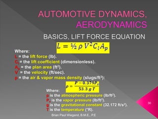 Brian Paul Wiegand, B.M.E., P.E
30
Where:
L = the lift force (lb).
Cl = the lift coefficient (dimensionless).
Ap = the plan area (ft2).
V = the velocity (ft/sec).
ρ = the air & vapor mass density (slugs/ft3):
Where:
ρ is the atmospheric pressure (lb/ft2).
Pv is the vapor pressure (lb/ft2).
g is the gravitational constant (32.172 ft/s2).
T is the temperature (°R).
 