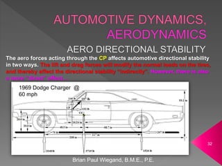 Brian Paul Wiegand, B.M.E., P.E.
32
The aero forces acting through the CP affects automotive directional stability
in two ways. The lift and drag forces will modify the normal loads on the tires,
and thereby affect the directional stability “indirectly”. However, there is also
a more “direct” effect…
1969 Dodge Charger @
60 mph
 