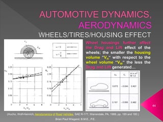 Brian Paul Wiegand, B.M.E., P.E.
44
Wheel housings further affect
the Drag and Lift effect of the
wheels; the smaller the housing
volume “VH“ with respect to the
wheel volume “VW“ the less the
Drag and Lift generated…
(Hucho, Wolf-Heinrich; Aerodynamics of Road Vehicles, SAE R-177, Warrendale, PA, 1988, pp. 185 and 180.)
 