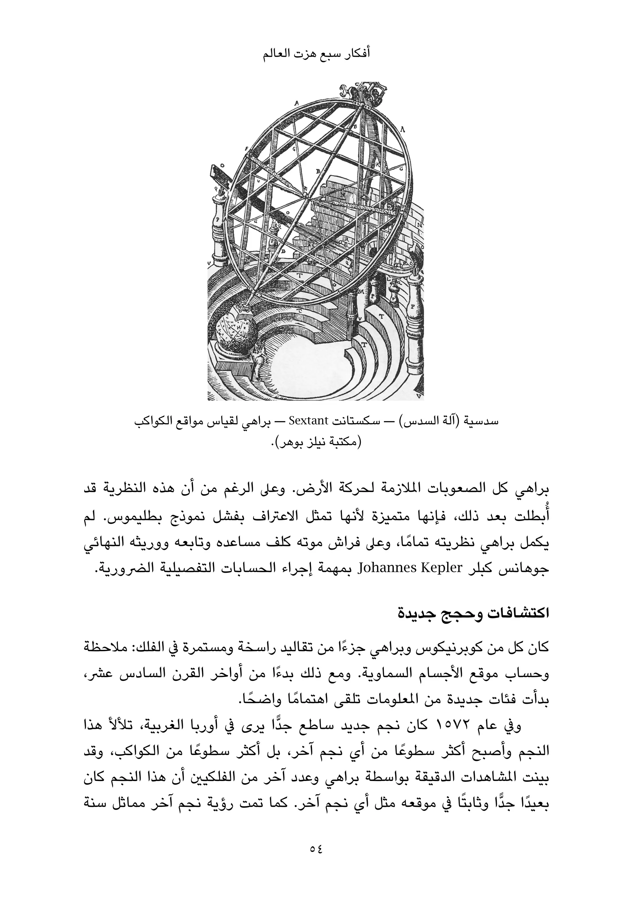 ‫أﻓﻜﺎر ﺳﺒﻊ ﻫﺰت اﻟﻌﺎﻟﻢ‬




        ‫ﺳﺪﺳﻴﺔ )آﻟﺔ اﻟﺴﺪس( — ﺳﻜﺴﺘﺎﻧﺖ ‪ — Sextant‬ﺑﺮاﻫﻲ ﻟﻘﻴﺎس ﻣﻮاﻗﻊ اﻟﻜﻮاﻛﺐ‬
                                 ‫)ﻣﻜﺘﺒﺔ ﻧﻴﻠﺰ ﺑﻮﻫﺮ(.‬

‫ﺑﺮاﻫﻲ ﻛﻞ اﻟﺼﻌﻮﺑﺎت املﻼزﻣﺔ ﻟﺤﺮﻛﺔ اﻷرض. وﻋﲆ اﻟﺮﻏﻢ ﻣﻦ أن ﻫﺬه اﻟﻨﻈﺮﻳﺔ ﻗﺪ‬
‫أُﺑﻄﻠﺖ ﺑﻌﺪ ذﻟﻚ، ﻓﺈﻧﻬﺎ ﻣﺘﻤﻴﺰة ﻷﻧﻬﺎ ﺗﻤﺜﻞ اﻻﻋﱰاف ﺑﻔﺸﻞ ﻧﻤﻮذج ﺑﻄﻠﻴﻤﻮس. ﻟﻢ‬
‫ﻳﻜﻤﻞ ﺑﺮاﻫﻲ ﻧﻈﺮﻳﺘﻪ ﺗﻤﺎﻣً ﺎ، وﻋﲆ ﻓﺮاش ﻣﻮﺗﻪ ﻛﻠﻒ ﻣﺴﺎﻋﺪه وﺗﺎﺑﻌﻪ وورﻳﺜﻪ اﻟﻨﻬﺎﺋﻲ‬
 ‫ﺟﻮﻫﺎﻧﺲ ﻛﺒﻠﺮ ‪ Johannes Kepler‬ﺑﻤﻬﻤﺔ إﺟﺮاء اﻟﺤﺴﺎﺑﺎت اﻟﺘﻔﺼﻴﻠﻴﺔ اﻟﴬورﻳﺔ.‬

                                                     ‫اﻛﺘﺸﺎﻓﺎت وﺣﺠﺞ ﺟﺪﻳﺪة‬
‫ﻛﺎن ﻛﻞ ﻣﻦ ﻛﻮﺑﺮﻧﻴﻜﻮس وﺑﺮاﻫﻲ ﺟﺰءًا ﻣﻦ ﺗﻘﺎﻟﻴﺪ راﺳﺨﺔ وﻣﺴﺘﻤﺮة ﰲ اﻟﻔﻠﻚ: ﻣﻼﺣﻈﺔ‬
‫وﺣﺴﺎب ﻣﻮﻗﻊ اﻷﺟﺴﺎم اﻟﺴﻤﺎوﻳﺔ. وﻣﻊ ذﻟﻚ ﺑﺪءًا ﻣﻦ أواﺧﺮ اﻟﻘﺮن اﻟﺴﺎدس ﻋﴩ،‬
                         ‫ﺑﺪأت ﻓﺌﺎت ﺟﺪﻳﺪة ﻣﻦ املﻌﻠﻮﻣﺎت ﺗﻠﻘﻰ اﻫﺘﻤﺎﻣً ﺎ واﺿﺤً ﺎ.‬
‫وﰲ ﻋﺎم ٢٧٥١ ﻛﺎن ﻧﺠﻢ ﺟﺪﻳﺪ ﺳﺎﻃﻊ ﺟﺪٍّا ﻳﺮى ﰲ أورﺑﺎ اﻟﻐﺮﺑﻴﺔ، ﺗﻸﻷ ﻫﺬا‬
‫اﻟﻨﺠﻢ وأﺻﺒﺢ أﻛﺜﺮ ﺳﻄﻮﻋً ﺎ ﻣﻦ أي ﻧﺠﻢ آﺧﺮ، ﺑﻞ أﻛﺜﺮ ﺳﻄﻮﻋً ﺎ ﻣﻦ اﻟﻜﻮاﻛﺐ، وﻗﺪ‬
‫ﺑﻴﻨﺖ املﺸﺎﻫﺪات اﻟﺪﻗﻴﻘﺔ ﺑﻮاﺳﻄﺔ ﺑﺮاﻫﻲ وﻋﺪد آﺧﺮ ﻣﻦ اﻟﻔﻠﻜﻴني أن ﻫﺬا اﻟﻨﺠﻢ ﻛﺎن‬
‫ﺑﻌﻴﺪًا ﺟﺪٍّا وﺛﺎﺑﺘًﺎ ﰲ ﻣﻮﻗﻌﻪ ﻣﺜﻞ أي ﻧﺠﻢ آﺧﺮ. ﻛﻤﺎ ﺗﻤﺖ رؤﻳﺔ ﻧﺠﻢ آﺧﺮ ﻣﻤﺎﺛﻞ ﺳﻨﺔ‬

                                      ‫45‬
 