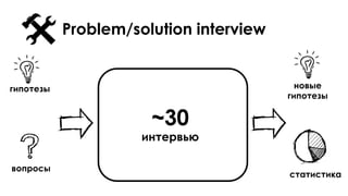 Problem/solution interview
гипотезы
вопросы
новые
гипотезы
статистика
~30
интервью