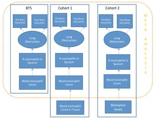 BTS'                  Cohort'1'                   Cohort'2'
                                                                                   M'
                            Pre'Bron'     Post'Bron'
Pre'Bron'      Post'Bron'
                            FEV1/FVC'     FEV1/FVC'
                                                       Pre'Bron'      Post'Bron'   E'
FEV1/FVC'      FEV1/FVC'                               FEV1/FVC'      FEV1/FVC'
                                                                                   T'
                                                                                   A'
                                                                                   '
           Lung'                    Lung'                        Lung'
                                 Obstruc,on'                                       A'
        Obstruc,on'                                           Obstruc,on'
                                                                                   N'
                                                                                   A'
                                                                                   L'
      %'eosinophils'in'        %'eosinophils'in'
                                                             %'eosinophils'in'
                                                                                   Y'
         Sputum'                  Sputum'                                          S'
                                                                Sputum'
                                                                                   I'
                                                                                   S'

     Blood'eosinophil'         Blood'eosinophil'           Blood'eosinophil'
          Count'                    Count'                      Count'




                                Blood'eosinophil'              Biomarker'
                                 Count'in'Tissue'                levels'
 