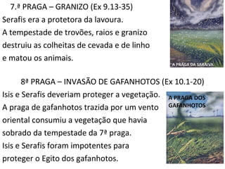 7.ª PRAGA – GRANIZO (Ex 9.13-35)
Serafis era a protetora da lavoura.
A tempestade de trovões, raios e granizo
destruiu as colheitas de cevada e de linho
e matou os animais.
8ª PRAGA – INVASÃO DE GAFANHOTOS (Ex 10.1-20)
Isis e Serafis deveriam proteger a vegetação.
A praga de gafanhotos trazida por um vento
oriental consumiu a vegetação que havia
sobrado da tempestade da 7ª praga.
Isis e Serafis foram impotentes para
proteger o Egito dos gafanhotos. 12
 