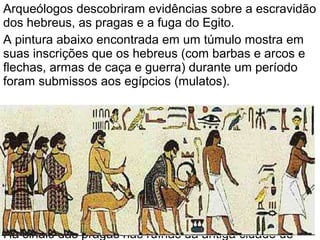 Arqueólogos descobriram evidências sobre a escravidão
dos hebreus, as pragas e a fuga do Egito.
A pintura abaixo encontrada em um túmulo mostra em
suas inscrições que os hebreus (com barbas e arcos e
flechas, armas de caça e guerra) durante um período
foram submissos aos egípcios (mulatos).
Há sinais das pragas nas ruínas da antiga cidade de
 