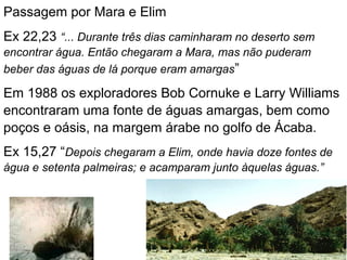 Passagem por Mara e Elim
Ex 22,23 “... Durante três dias caminharam no deserto sem
encontrar água. Então chegaram a Mara, mas não puderam
beber das águas de lá porque eram amargas”
Em 1988 os exploradores Bob Cornuke e Larry Williams
encontraram uma fonte de águas amargas, bem como
poços e oásis, na margem árabe no golfo de Ácaba.
Ex 15,27 “Depois chegaram a Elim, onde havia doze fontes de
água e setenta palmeiras; e acamparam junto àquelas águas.”
 