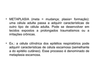 • METAPLASIA (meta = mudança; plasia= formação):
uma célula adulta passa a adquirir características de
outro tipo de célula adulta. Pode se desenvolver em
tecidos expostos a prolongados traumatismos ou a
irritações crônicas.
• Ex.: a célula cilíndrica dos epitélios respiratórios pode
adquirir características de célula escamosa (semelhante
a do epitélio cutâneo). Esse processo é denominado de
metaplasia escamosa.
 