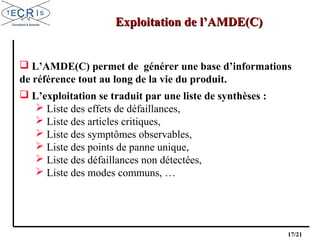 17/21
Exploitation de l’AMDE(C)Exploitation de l’AMDE(C)
 L’AMDE(C) permet de générer une base d’informations
de référence tout au long de la vie du produit.
 L’exploitation se traduit par une liste de synthèses :
 Liste des effets de défaillances,
 Liste des articles critiques,
 Liste des symptômes observables,
 Liste des points de panne unique,
 Liste des défaillances non détectées,
 Liste des modes communs, …
 