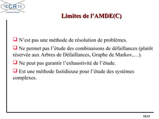 18/21
Limites de l’AMDE(C)Limites de l’AMDE(C)
 N’est pas une méthode de résolution de problèmes.
 Ne permet pas l’étude des combinaisons de défaillances (plutôt
réservée aux Arbres de Défaillances, Graphe de Markov,…).
 Ne peut pas garantir l’exhaustivité de l’étude.
 Est une méthode fastidieuse pour l’étude des systèmes
complexes.
 