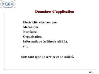 19/21
Electricité, électronique,
Mécanique,
Nucléaire,
Organisation,
Informatique (méthode AEEL),
etc,
dans tout type de service et de société.
Domaines d’applicationDomaines d’application
 