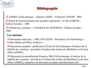 21/21
BibliographieBibliographie
Les normes
 Document américain : « MIL-STD 1629A : Procedures for Performing a
Failure Mode and Effect Analysis »
 Document européen : publication 812 de la CEI (techniques d’analyse de la
fiabilité des systèmes : procédure d’analyse des modes de défaillance et de leurs
effets (AMDE))
 Document de normalisation française X60-510 (techniques d’analyse de la
fiabilité des systèmes : procédure d’analyse des modes de défaillance et de leurs
effets (AMDE)), traduction du document européen précédemment cité
 AMDEC Guide pratique - Gérard LANDY - Collection AFNOR - 2002
 Sûreté de Fonctionnement des systèmes industriels - A.VILLEMEUR -
Édition Eyrolles - 1988
 Fiabilité des systèmes - A.PAGES & M. GONTRAN - Édition Eyrolles -
1980
 