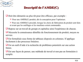 5/21
 Doit être démarrée au plus tôt pour être efficace, par exemple :
 Pour une AMDE(C) produit, dès la conception pour l’optimiser.
 Pour une AMDE(C) procédé, lorsque les choix de fabrication du produit sont faits
et avant que les outillages et les machines soient commandés.
 Repose sur un travail de groupe et capitalise ainsi l'expérience de chacun.
 Nécessite la connaissance détaillée du fonctionnement du produit, moyen ou
service.
 Est formalisée sous forme de tableaux disposés en colonnes. S’applique
facilement à des processus linéaires.
 Est un outil d’aide à la recherche de problèmes potentiels sur une action
future.
 Est une façon de penser, une méthode de travail et non pas un formulaire à
remplir.
Descriptif de l’AMDE(C)Descriptif de l’AMDE(C)
 