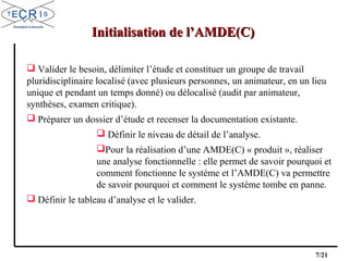 7/21
 Valider le besoin, délimiter l’étude et constituer un groupe de travail
pluridisciplinaire localisé (avec plusieurs personnes, un animateur, en un lieu
unique et pendant un temps donné) ou délocalisé (audit par animateur,
synthèses, examen critique).
 Préparer un dossier d’étude et recenser la documentation existante.
 Définir le niveau de détail de l’analyse.
Pour la réalisation d’une AMDE(C) « produit », réaliser
une analyse fonctionnelle : elle permet de savoir pourquoi et
comment fonctionne le système et l’AMDE(C) va permettre
de savoir pourquoi et comment le système tombe en panne.
 Définir le tableau d’analyse et le valider.
Initialisation de l’AMDE(C)Initialisation de l’AMDE(C)
 