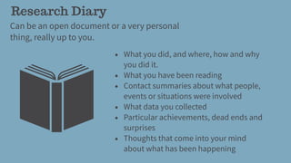 Research Diary
Can be an open document or a very personal
thing, really up to you.
• What you did, and where, how and why
you did it.
• What you have been reading
• Contact summaries about what people,
events or situations were involved
• What data you collected
• Particular achievements, dead ends and
surprises
• Thoughts that come into your mind
about what has been happening
 