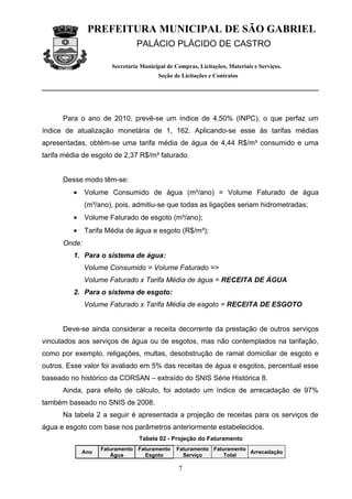 PREFEITURA MUNICIPAL DE SÃO GABRIEL
                               PALÁCIO PLÁCIDO DE CASTRO

                      Secretaria Municipal de Compras, Licitações, Materiais e Serviços.
                                        Seção de Licitações e Contratos




      Para o ano de 2010, prevê-se um índice de 4,50% (INPC), o que perfaz um
índice de atualização monetária de 1, 162. Aplicando-se esse às tarifas médias
apresentadas, obtém-se uma tarifa média de água de 4,44 R$/m³ consumido e uma
tarifa média de esgoto de 2,37 R$/m³ faturado.


      Desse modo têm-se:
         •    Volume Consumido de água (m³/ano) = Volume Faturado de água
              (m³/ano), pois, admitiu-se que todas as ligações seriam hidrometradas;
         •    Volume Faturado de esgoto (m³/ano);
         •    Tarifa Média de água e esgoto (R$/m³);
      Onde:
         1. Para o sistema de água:
              Volume Consumido = Volume Faturado =>
              Volume Faturado x Tarifa Média de água = RECEITA DE ÁGUA
         2. Para o sistema de esgoto:
              Volume Faturado x Tarifa Média de esgoto = RECEITA DE ESGOTO


      Deve-se ainda considerar a receita decorrente da prestação de outros serviços
vinculados aos serviços de água ou de esgotos, mas não contemplados na tarifação,
como por exemplo, religações, multas, desobstrução de ramal domiciliar de esgoto e
outros. Esse valor foi avaliado em 5% das receitas de água e esgotos, percentual esse
baseado no histórico da CORSAN – extraído do SNIS Série Histórica 8.
      Ainda, para efeito de cálculo, foi adotado um índice de arrecadação de 97%
também baseado no SNIS de 2008.
      Na tabela 2 a seguir é apresentada a projeção de receitas para os serviços de
água e esgoto com base nos parâmetros anteriormente estabelecidos.
                                Tabela 02 - Projeção do Faturamento
                   Faturamento Faturamento     Faturamento Faturamento
             Ano                                                       Arrecadação
                      Água       Esgoto          Serviço       Total

                                               7
 