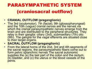 PARASYMPATHETIC SYSTEM (craniosacral outflow) CRANIAL OUTFLOW (preganglionic) The 3rd (oculomotor), 7th (facial), 9th (glossopharyngeal) and the 10th (vagus) cranial nerves are the nerves via which the cranial parasympathetic nerves emerge from the brain and are distributed to the peripheral structures. They relay in their ganglia :  ciliary (3rd), submaxillary (7th) otic (9th). The ganglia for the vagal efferents are situated close to their target organs. SACRAL OUTFLOW (preganglionic) From the lateral horns of the 2nd, 3rd and 4th segments of the sacral regions, the parasympathetic fibers come out to form pelvic splanchnic nerves The sacral autonomic supplies the (a) the last part of the colon and the rectum, (b) bladder, and (c) the uterus or the blood vessels of the penis. 