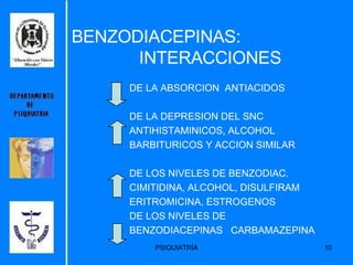BENZODIACEPINAS:    INTERACCIONES DE LA ABSORCION  ANTIACIDOS DE LA DEPRESION DEL SNC ANTIHISTAMINICOS, ALCOHOL BARBITURICOS Y ACCION SIMILAR DE LOS NIVELES DE BENZODIAC. CIMITIDINA, ALCOHOL, DISULFIRAM ERITROMICINA, ESTROGENOS DE LOS NIVELES DE  BENZODIACEPINAS  CARBAMAZEPINA  