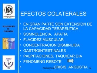EFECTOS COLATERALES EN GRAN PARTE SON EXTENSION DE LA CAPACIDAD TERAPEUTICA SOMNOLENCIA,  APATIA FLACIDEZ MUSCULAR CONCENTRACION DISMINUIDA  GASTROINTESTINALES PALPITACIONES, TAQUICAR DIA FENOMENO REBOTE  CRISIS  ANGUSTIA 