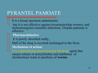 47
PYRANTEL PAMOATE
 It is a broad specturm anthelmintic
 but it is not effective against tricuriasis(whip worms), and
trichostrongylus orientalis infections. Oxalate pamoate is
effective
 Pharmacokinetics:
 It is poorly absorbed orally ,
 Half of the drug is excreted unchanged in the feces.
 Mechanism of action:
 It is a depolrazing neuromuscular blocking agent that
causes release of acetylcholine and inhibition of
cholinestrase leads to paralizes of worms.
 