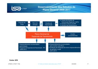 Desenvolvimento dos Estudos do
                       Plano Decenal 2008-2017




 Fonte: EPE

APIMEC CTEEP 1T09   © Todos os direitos reservados para CTEEP   4/6/2009   17
 