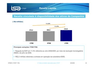 Receita Líquida


        Receita vinculada à disponibilidade dos ativos da Companhia
                    ,0
      ( R$ milhões)
                                                      +11,8%

                                                                     +11,9%


                    ,0                                                             419,9
                            375,6                       380,0




                    ,0



                             1T08                       4T08                       1T09

        Principais variações 1T09/1T08:

         Reajuste da RAP em 11,5% referente ao ciclo 2008/2009, por meio da resolução homologatória
        ANEEL de julho de 2008;

          R$2,2 milhões referentes a entrada em operação da subsidiária IEMG.


APIMEC CTEEP 1T09                      © Todos os direitos reservados para CTEEP           4/6/2009   29
 