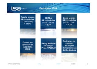 Destaques 1T09


                    Receita Líquida                                               Lucro Líquido
                                                EBITDA
                    R$ 420 milhões                                                R$ 228 milhões
                                            R$ 355 milhões
                     (1T09 / 1T08)                                                (1T09 / 1T08)
                                             (1T09 / 1T08)
                        + 11,8%                                                       + 2,2%
                                                + 6,5%




                                                                                  Assinatura do
                     Entrada em
                                            Rating Nacional                          contrato
                     Operação da
                                               de Longo                             do Projeto
                     subsidiária
                                            Prazo ‘AA(BRA)’                       de Transmissão
                        IEMG
                                                                                  do Rio Madeira




APIMEC CTEEP 1T09                     © Todos os direitos reservados para CTEEP           4/6/2009   4
 