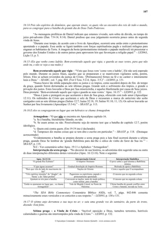 107
16:14 Pois são espíritos de demônios, que operam sinais; os quais vão ao encontro dos reis de todo o mundo,
para os congregar para a batalha do grande dia do Deus Todo-Poderoso.
“As mensagens proféticas de Daniel indicam que estamos vivendo, sem sobra de dúvida, no tempo do
juízo pré-advento (Dan. 7:9-14; 8:14). Daniel predisse que esse julgamento ocorreria pouco antes da segunda
vinda de Jesus.
“Durante esse tempo, de acordo com o livro de Apocalipse, ocorrerá uma união entre o protestantismo
apostatado e o papado. Essa união se ligará também com forças espiritualistas pagãs e realizará milagres para
enganar os habitantes da Terra. A imagem da besta (protestantismo imitando o papado medieval) irá pressionar o
governo dos Estados Unidos e de outros países para aprovarem leis que favoreçam a religião papal.” – LES963,
Lição 13, p. 5.
16:15 (Eis que venho como ladrão. Bem-aventurado aquele que vigia, e guarda as suas vestes, para que não
ande nu, e não se veja a sua nudez.)
Bem-aventurado aquele que vigia – “Visto que Jesus vem ‘como vem o ladrão’, Ele não será esperado
pelo mundo. Durante os juízos finais, aqueles que se prepararam e se mantiveram vigilantes serão, porém,
felizes. Eles se acham revestidos da justiça de Cristo. ‘[Permanecem] firmes na fé e no caráter e inteiramente
leais a Deus.’ – SDABC, vol. 7, pág. 845. (Ver I Tess. 5:2-4; Apoc. 3:5.)” – LES893, p. 131.
“Nunca houve tão nítida separação entre os justos e os ímpios, como sucederá depois do fim do tempo
da graça, quando forem derramadas as sete últimas pragas. Grande será o sofrimento dos ímpios, e grande a
privação dos justos. Estes louvarão a Deus por Sua misericórdia, e aqueles blasfemarão por causa de Seus juízos.
Deus promete: ‘Bem-aventurado aquele que vigia e guarda as suas vestes.’ Apoc. 16:15.” – LES893, p. 122.
“Deus é justo e protegerá os que aceitarem o dom de Sua graça, oferecido com todo amor (Apocalipse
12:11). Os redimidos de Cristo que aceitaram o selo de Deus e recusaram a marca do anticristo não serão
castigados com as sete últimas pragas (Salmo 12:7; Isaías 32:18, 19; Salmo 91:10, 11, 15). Os salvos louvarão ao
Senhor por Seu livramento (Apocalipse 15:3-6).” – SRA/EP, p. 113.
16:16 E eles os congregaram no lugar que em hebraico se chama Armagedom.
Armagedom - “O que não se encontra em Apocalipse capítulo 16.
“a. Se é batalha, literalmente falando, ou não.
“b. Se usam armas ou não. Possivelmente seja do mesmo teor que a batalha do capítulo 12:7, porém
ideológica.
“c. Quem está contra quem. (Em 19:19 isto é declarado).
“d. Tampouco diz muitas coisas que se tem dito e escrito em particular.” – SRA/EP, p. 118. (Destaque
acrescentado)
“Evidentemente a batalha se prepara durante a sexta praga pois a luta final ocorrerá durante a sétima
praga, quando Deus Se lembrar da ‘grande Babilônia para dar-lhe o cálice do vinho do furor de Sua ira.’” –
SRA/EP, p. 119.
N.C.: Ver comentário sobre Apoc. 19:11 e Apêndice: “Armagedom”.
Interpretação da sexta praga – “No decorrer de sua história, os adventistas têm sugerido uma ou outra
de duas interpretações diferentes destes versículos (Apoc. 16:12-16). Note o seguinte:
Apoc. 16:12-16 Interpretação Literal Interpretação Simbólica
“O grande Rio Eufrates” O Império Otomano O povo sobre o qual domina a Babilônia
mística
“Cujas águas secaram” Gradual dissolução do Império Romano Retirada do apoio a Babilônia
“Reis que vêm do lado do nascimento do
Sol”
Nações do Oriente Cristo e aqueles que O acompanham
“Três espíritos imundos” do “dragão”, da
“besta” e do “falso profeta”
Paganismo ou espiritismo, papado e
protestantismo apostatado
O mesmo que na segunda coluna
Ajuntam os reis para a batalha Convocam as nações, tanto de modo político,
como militar, para a batalha
O mesmo que na segunda coluna
“Então os ajuntaram no lugar que... se chama
Armagedom”
Vale de Megido Literal, no Norte da
Palestina
Última batalha do grande conflito entre
Cristo e Satanás, travada na Terra
“The SDA Bible Commentary Comentário Bíblico ASD), vol. 7, págs. 842-846 comenta
minuciosamente esses versículos e os conceitos a seu respeito.” – LES893, p. 130 e 131.
16:17 O sétimo anjo derramou a sua taça no ar; e saiu uma grande voz do santuário, da parte do trono,
dizendo: Está feito.
Sétima praga – a Vinda de Cristo - “Incrível oposição a Deus, tumultos terrestres, horríveis
calamidades e guerras são interrompidos pela vinda de Cristo.” – LES893, p. 132.
O Apocalipse Comentado – Jeferson Antonio Quimelli – www.sermoes.com.br
 