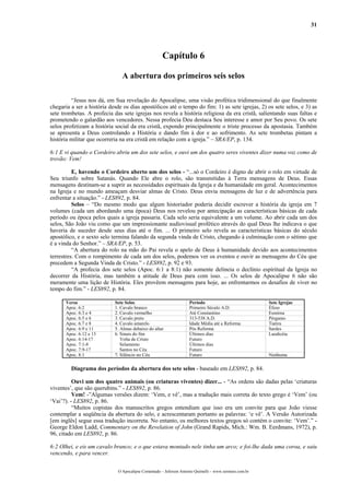 31
Capítulo 6
A abertura dos primeiros seis selos
“Jesus nos dá, em Sua revelação do Apocalipse, uma visão profética tridimensional do que finalmente
chegaria a ser a história desde os dias apostólicos até o tempo do fim: 1) as sete igrejas, 2) os sete selos, e 3) as
sete trombetas. A profecia das sete igrejas nos revela a história religiosa da era cristã, salientando suas faltas e
prometendo o galardão aos vencedores. Nessa profecia Deu destaca Seu interesse e amor por Seu povo. Os sete
selos profetizam a história social da era cristã, expondo principalmente o triste processo da apostasia. Também
se apresenta a Deus controlando a História e dando fim à dor e ao sofrimento. As sete trombetas pintam a
história militar que ocorreria na era cristã em relação com a igreja.” – SRA/EP, p. 134.
6:1 E vi quando o Cordeiro abriu um dos sete selos, e ouvi um dos quatro seres viventes dizer numa voz como de
trovão: Vem!
E, havendo o Cordeiro aberto um dos selos - “...só o Cordeiro é digno de abrir o rolo em virtude de
Seu triunfo sobre Satanás. Quando Ele abre o rolo, são transmitidas à Terra mensagens de Deus. Essas
mensagens destinam-se a suprir as necessidades espirituais da Igreja e da humanidade em geral. Acontecimentos
na Igreja e no mundo ameaçam desviar almas de Cristo. Deus envia mensagens de luz e de advertência para
enfrentar a situação.” - LES892, p. 84.
Selos – “Do mesmo modo que algum historiador poderia decidir escrever a história da igreja em 7
volumes (cada um abordando uma época) Deus nos revelou por antecipação as características básicas de cada
período ou época pelos quais a igreja passaria. Cada selo seria equivalente a um volume. Ao abrir cada um dos
selos, São João viu como que um impressionante audiovisual profético através do qual Deus lhe indicava o que
haveria de suceder desde seus dias até o fim. ... O primeiro selo revela as características básicas do século
apostólico, e o sexto selo termina falando da segunda vinda de Cristo, chegando à culminação com o sétimo que
é a vinda do Senhor.” – SRA/EP, p. 53.
“A abertura do rolo na mão do Pai revela o apelo de Deus à humanidade devido aos acontecimentos
terrestres. Com o rompimento de cada um dos selos, podemos ver os eventos e ouvir as mensagens do Céu que
precedem a Segunda Vinda de Cristo.” - LES892, p. 92 e 93.
“A profecia dos sete selos (Apoc. 6:1 a 8:1) não somente delineia o declínio espiritual da Igreja no
decorrer da História, mas também a atitude de Deus para com isso. ... Os selos de Apocalipse 6 não são
meramente uma lição de História. Eles provêem mensagens para hoje, ao enfrentarmos os desafios de viver no
tempo do fim.” - LES892, p. 84.
Verso Sete Selos Período Sete Igrejas
Apoc. 6:2 1. Cavalo branco Primeiro Século A.D. Éfeso
Apoc. 6:3 e 4 2. Cavalo vermelho Até Constantino Esmirna
Apoc. 6:5 e 6 3. Cavalo preto 313-538 A.D. Pérgamo
Apoc. 6:7 e 8 4. Cavalo amarelo Idade Média até a Reforma Tiatira
Apoc. 6:9 e 11 5. Almas debaixo do altar Pós Reforma Sardes
Apoc. 6:12 e 13
Apoc. 6:14-17
Apoc. 7:1-8
Apoc. 7:9-17
6. Sinais do fim
Volta de Cristo
Selamento
Santos no Céu
Últimos dias
Futuro
Últimos dias
Futuro
Laodicéia
Apoc. 8:1 7. Silêncio no Céu Futuro Nenhuma
Diagrama dos períodos da abertura dos sete selos - baseado em LES892, p. 84.
Ouvi um dos quatro animais (ou criaturas viventes) dizer... - “As ordens são dadas pelas ‘criaturas
viventes’, que são querubins.” - LES892, p. 86.
Vem! -”Algumas versões dizem: ‘Vem, e vê’, mas a tradução mais correta do texto grego é ‘Vem’ (ou
‘Vai’?). - LES892, p. 86.
“Muitos copistas dos manuscritos gregos entendiam que isso era um convite para que João viesse
contemplar a seqüência da abertura do selo, e acrescentaram portanto as palavras: ‘e vê’. A Versão Autorizada
[em inglês] segue essa tradução incorreta. No entanto, os melhores textos gregos só contém o convite: ‘Vem’.” -
George Eldon Ladd, Commentary on the Revelation of John (Grand Rapids, Mich.: Wm. B. Eerdmans, 1972), p.
96, citado em LES892, p. 86.
6:2 Olhei, e eis um cavalo branco; e o que estava montado nele tinha um arco; e foi-lhe dada uma coroa, e saiu
vencendo, e para vencer.
O Apocalipse Comentado – Jeferson Antonio Quimelli – www.sermoes.com.br
 