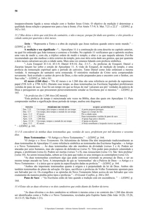 58
inseparavelmente ligada a nossa relação com o Senhor Jesus Cristo. O objetivo da medição é determinar a
qualidade dessa relação e preparar-nos para a luta à frente. (Ver Amós 7:7-9; S. Mat. 7:21 e 22.)” – LES892, p.
162 e 163.
11:2 Mas deixa o átrio que está fora do santuário, e não o meças; porque foi dado aos gentios; e eles pisarão a
cidade santa por quarenta e dois meses.
Átrio – “Representa a Terra e a obra de expiação que Jesus realizou quando esteve neste mundo.” –
LES892, p. 161.
A medição e seu significado –“... Apocalipse 11 é a continuação da cena descrita no capítulo anterior,
na qual foi ordenado que João tomasse e comesse o livrinho. No capítulo 11 verificamos que o apóstolo recebeu
uma vara de medir e, com ela, a tríplice ordem de medir o templo, o altar e os que naquele adoram. Foi-lhe
recomendado que não medisse o átrio exterior do templo, pois esse átrio seria dado aos gentios, que por quarenta
e dois meses calcariam aos pés a cidade santa. Mais uma vez estamos lidando com profecia simbólica.
”...Leia Ezequiel 41:1-4; 43:1-9; Daniel 8:9-14; Zac. 2:1-7... As profecias de Ezequiel, Daniel e
Zacarias lançam luz sobre o estudo de Apocalipse 11. A visão de Ezequiel, de medição do templo, é uma
profecia da restauração espiritual após o período de cativeiro. Tanto Daniel como João enfatizam a mesma
verdade. A mensagem do santuário seria restaurada. O ministério mediador de Cristo seria compreendido
novamente. Será avaliado o caráter do povo de Deus, e eles serão preparados para o encontro com o Senhor, em
Sua volta.” – LES892, p. 160 e 161.
42 meses (1260 dias) – “Os 42 meses e os 1.260 dias são uma referência ao período da supremacia
papal (538 A.D. a 1798 A.D.). Durante esse tempo, as duas testemunhas (as Escrituras Sagradas) profetizaram
vestidas de pano de saco. Esse foi um tempo em que as forças do mal ‘calcaram aos pés’ verdades da palavra de
Deus e perseguiram os que procuraram perseverantemente estudar as Escrituras por si mesmos.” – LES892, p.
165.
“As profecias dos 1.260 Anos [42 meses]:
“Esta profecia de tempo é mencionada sete vezes na Bíblia, duas das quais em Apocalipse 11. Para
compreender melhor a significação desse período de tempo, analise este diagrama:
TEXTO PERÍODO DE TEMPO O QUE ACONTECEU?
Dan. 7:25 Um tempo, dois tempos e metade de um tempo A ponta pequena persegue
Dan. 12:7 Um tempo, dois tempos e metade de um tempo Segue-se o tempo do fim
Apoc. 11:2 42 meses Pés a cidade santa
Apoc. 11:3 1.260 dias Duas testemunhas vestidas de pano de saco
Apoc. 12:6 1.260 dias A Igreja foge para o deserto
Apoc. 12:14 Um tempo, tempos e metade de um tempo A Igreja no deserto
Apoc. 13:5 42 meses A besta semelhante a leopardo exerce seu poder
” – LES892, p. 161.
11:3 E concederei às minhas duas testemunhas que, vestidas de saco, profetizem por mil duzentos e sessenta
dias.
Duas Testemunhas – “O Antigo e o Novo Testamentos.” – LES892, p. 164.
“O Antigo e o Novo Testamento. Os Adventistas do Sétimo Dia têm interpretado tradicionalmente as
duas testemunhas de Apocalipse 11 como referência simbólica ao testemunho das Escrituras Sagradas – o Antigo
e o Novo Testamentos. ... As duas testemunhas não são membros da divindade (versos 3 e 4). Podem ser
atacadas por seres humanos, mas são capazes de defender-se (verso 5). Têm poder para produzir calamidade e
pragas, e profetizam (verso 6). Podem ser mortas (versos 7 e 8), mas ressuscitam (verso 11). São ‘dois profetas’
(verso 10). Ao serem ressuscitadas, sobem ao Céu para que todos os seus inimigos as contemplem (verso 12).
“As duas testemunhas constituem algo que pode continuar existindo na presença de Deus, e ser ao
mesmo tempo atacado na Terra. A interpretação de que as ‘testemunhas’ são a Palavra de Deus – o Antigo e o
Novo Testamentos – é a única que se ajusta às especificações dadas na profecia.” – LES892, p. 164.
“Ambos são importante testemunhas quanto à origem e à perpetuidade da lei de Deus. Ambos são
também testemunhas do plano da salvação. Os tipos, sacrifícios e profecias do Velho Testamento apontam para
um Salvador por vir. Os evangelhos e as epístolas do Novo Testamento falam acerca de um Salvador que veio
exatamente da maneira predita pelos tipos e profecias.” – O Grande Conflito, p. 264 e 265.
Pano de Saco - “As Escrituras estão de luto quando a tradição está em ascendência. ” – LES892, p.
164.
11:4 Estas são as duas oliveiras e os dois candeeiros que estão diante do Senhor da terra.
“As duas oliveiras e os dois candeeiros se referem à mesma coisa e no contexto dos 1.260 dias devem
ser identificados como o Velho e o Novo Testamentos, revelados pelo Espírito Santo (São João 14:26; 15:26;
16:13-15; São Pedro 1:21).
O Apocalipse Comentado – Jeferson Antonio Quimelli – www.sermoes.com.br
 
