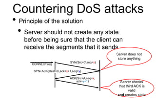 Countering DoS attacks
• Principle of the solution
• Server should not create any state
before being sure that the client ...