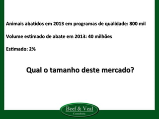  
	
  
Animais	
  aba@dos	
  em	
  2013	
  em	
  programas	
  de	
  qualidade:	
  800	
  mil	
  
	
  
Volume	
  es@mado	
  de	
  abate	
  em	
  2013:	
  40	
  milhões	
  
	
  
Es@mado:	
  2%	
  
	
  
	
  
Qual	
  o	
  tamanho	
  deste	
  mercado?	
  
	
  
	
  
	
  
 